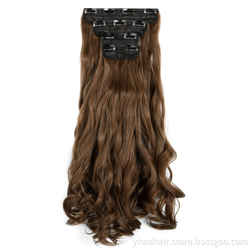 wholesale Long Wavy Synthetic Hair Extensions 2P 5P Thick Hair Invisible Head  Hairpiece for Women Brown wavy hair